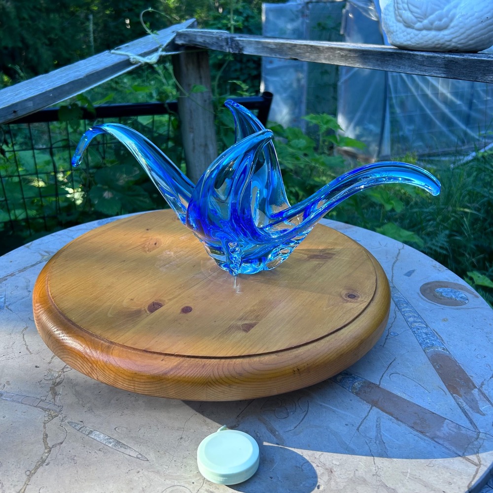Vintage Origami Crane Bird Centerpiece Sculpture Blue Turquoise Chalet Art Glass